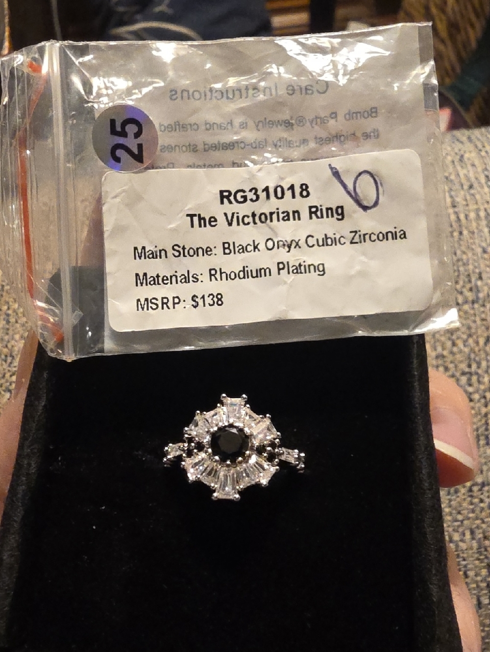 Bomb Party Size 6.The Victorian Ring - Black Onyx Cubic Zirconia Rhodium Plated